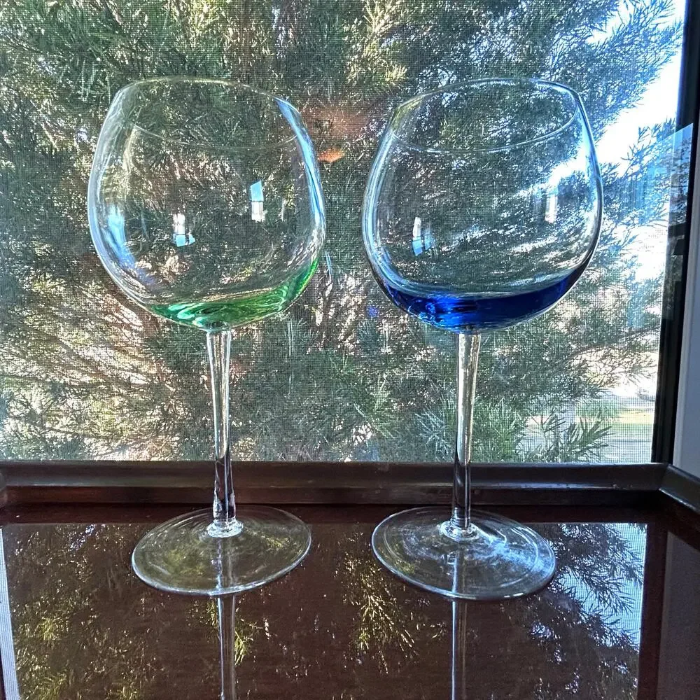 Vintage Color Base Balloon Wine Glasses Green Blue Stemware Pair